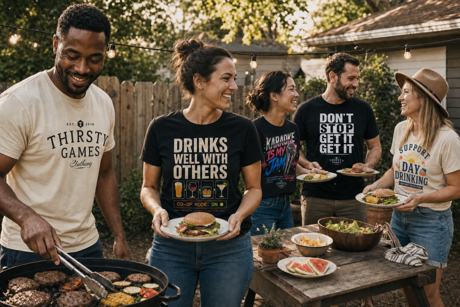 Adult friends gathering around a backyard barbecue wearing five Thirsty Games Clothing designs