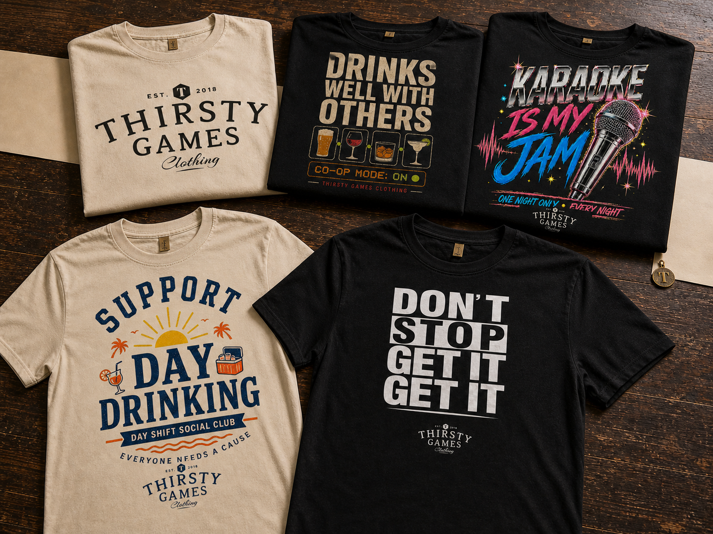 Concept product photo of five Thirsty Games Clothing shirts